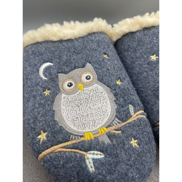 Lands End Womens 7 B Scuff Slippers Owls Felt Slip On Slides Clog Navy Sherpa - Picture 2 of 7